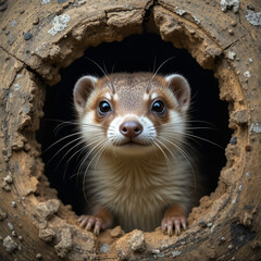 Obraz premium Stoat Head Looking out of a Hole