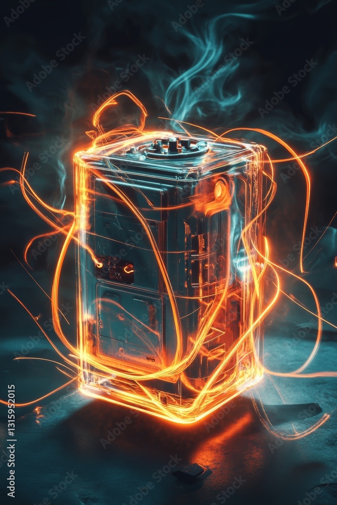 Poster a captivating image of a futuristic electric device illuminated by vibrant light trails. the glowing