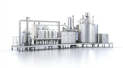 Studio shot of a high-speed bottling and beverage filling machinery set, isolated with soft lighting, creating a professional and efficient production look