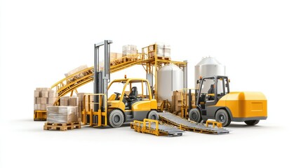 Fototapeta premium Studio shot of a logistics and warehousing machinery set with forklifts, pallet stackers, and conveyor belts, isolated with soft lighting, creating a professional and high-capacity look