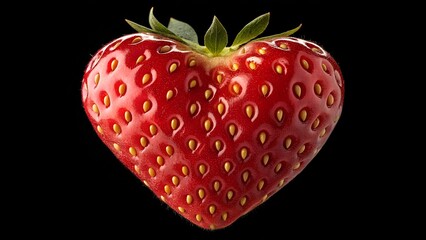 
A single ripe strawberry with seeds glistening, isolated on a black background, strawberry on black background,A hyper-realistic close-up of a heart-shaped strawberry with a glossy red surface, 
