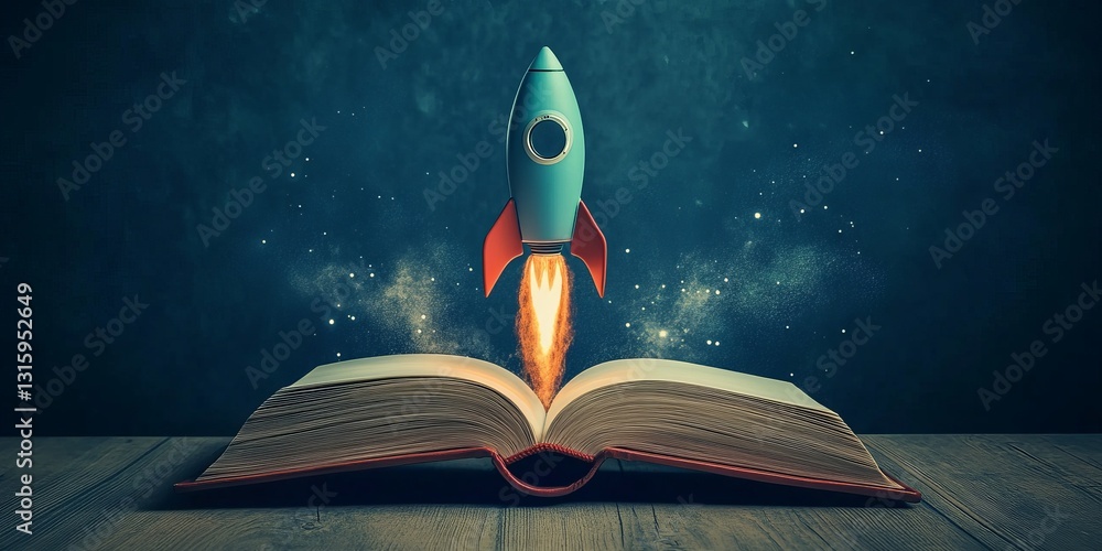 Poster an imaginative scene featuring a rocket launching from an open book, symbolizing the limitless possi