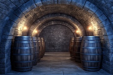 The cellar, gently lit and adorned with neatly organized wooden barrels, offers a warm, rustic feel
