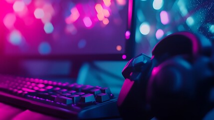 Close-up of gaming setup with keyboard, joystick, and headphones in vibrant pink and blue neon light.
