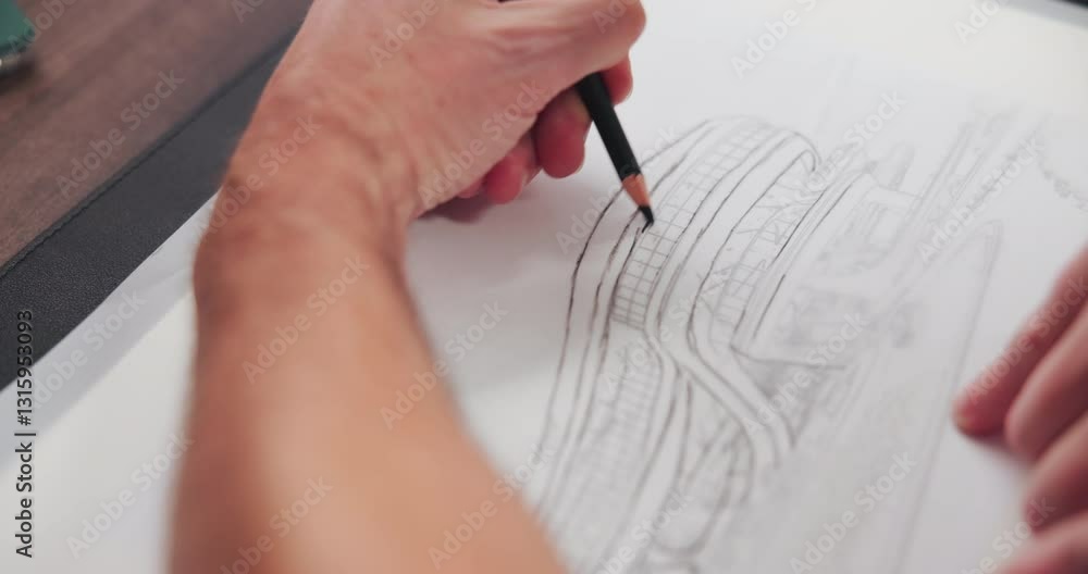 Poster Hands, architect and sketch with building design, lines and creativity for editing process at company. Person, engineer and paper with writing, drawing and pencil for project management at agency