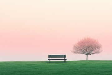 Peaceful park bench sunrise, misty field, tree
