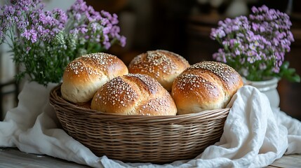 A cozy bread presentation with fresh loaves in a basket with a white cloth and floral touches