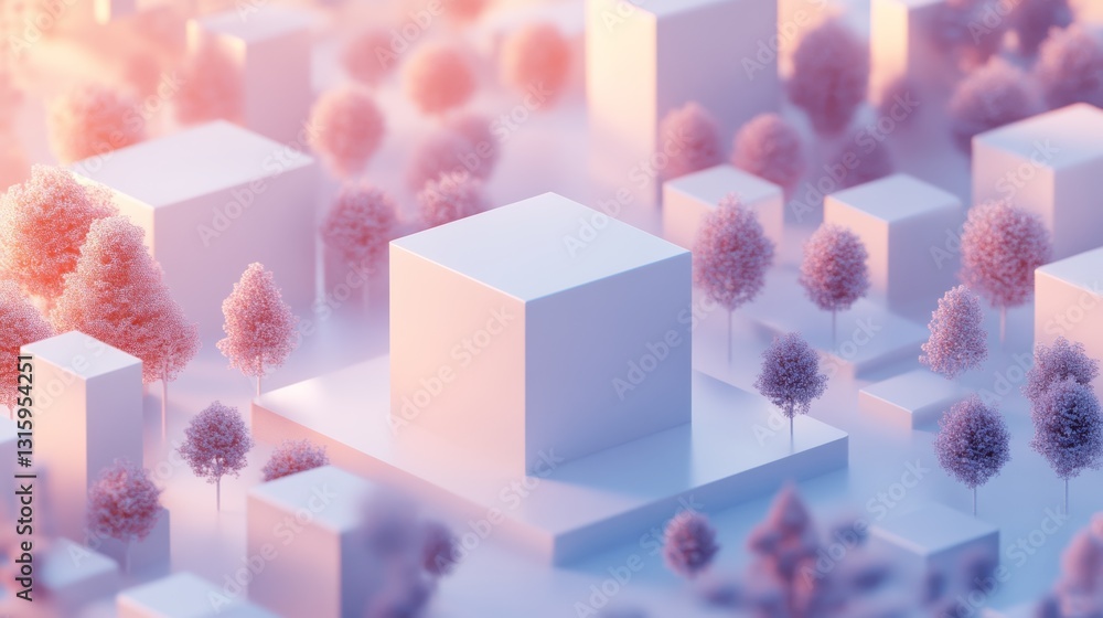 Poster an abstract geometric composition featuring soft colors and minimalist shapes, showcasing 3d cubes a