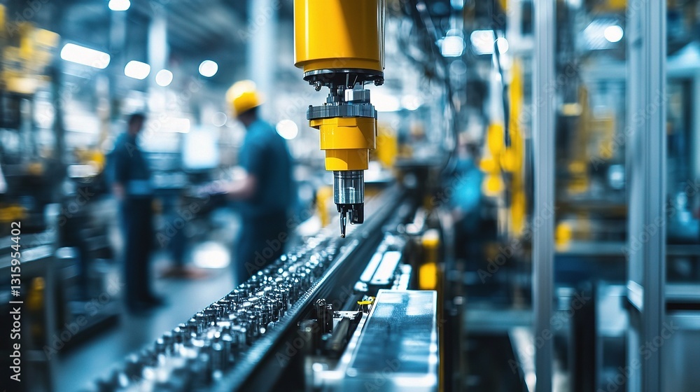 Poster worker operating advanced machine in modern factory environment