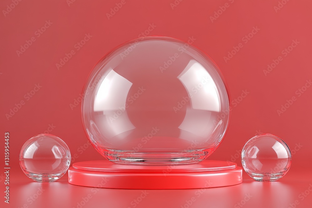 Poster a dynamic composition of red concentric shapes on a polished surface, achieving a strong and modern 