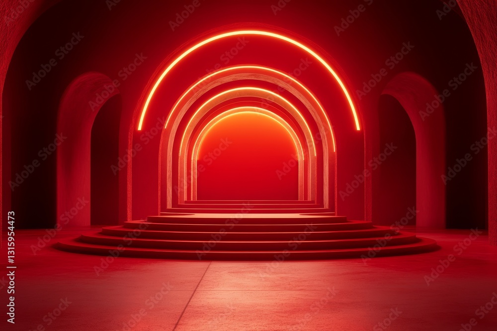 Poster a streamlined, modern red podium with a gradient background, ideal for displaying products or making
