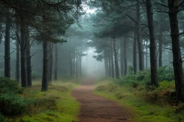 Obraz premium Misty morning in a majestic pine woodland with a tranquil footpath leading into the distance.