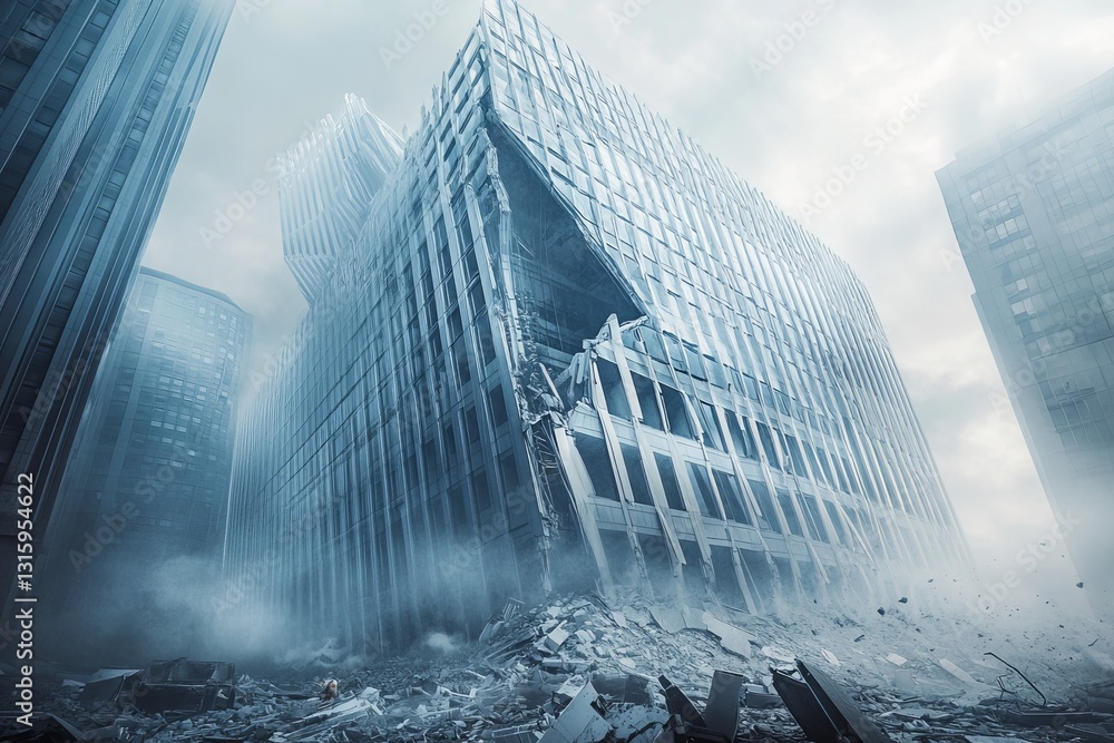 Poster a building is destroyed in a city with a cloudy sky. the building is a large, white structure with a