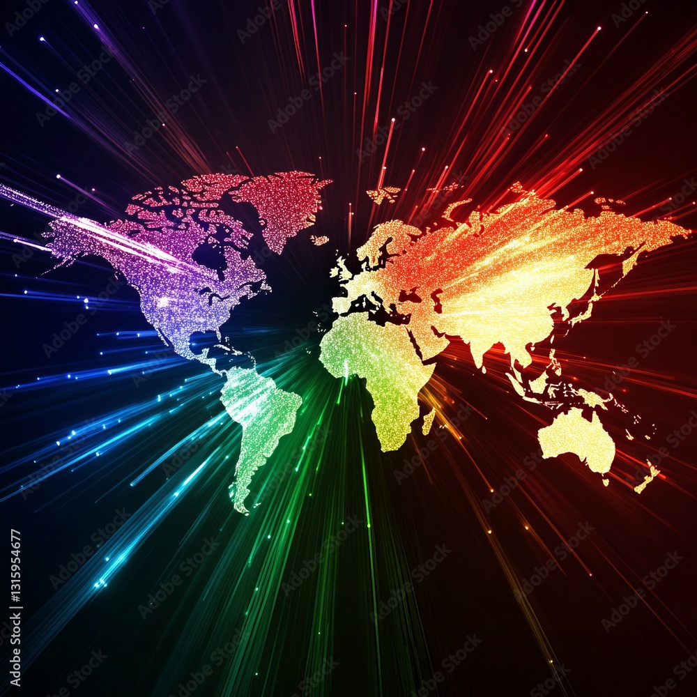 Aufkleber explore a digital spectrum world map with vibrant colors and abstract light patterns