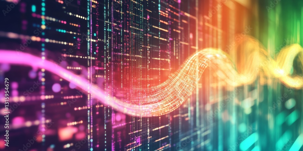 Poster vibrant and abstract wave pattern showcasing data visualization in a digital context. the colorful l