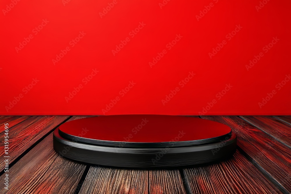 Poster a stark red scene with concentric circular platforms, creating an eye-catching visual in a bold mono