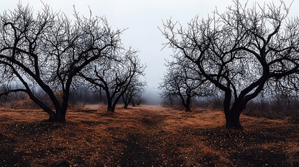 Stark Winter Orchard: A Misty Dawn Landscape Photograph AI Generated