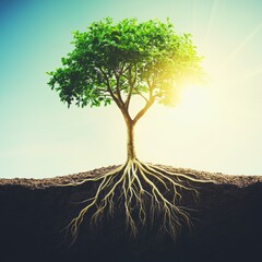 A serene view of a vibrant green tree showcasing its strong roots, symbolizing growth and resilience in nature. Perfect for projects focused on sustainability.