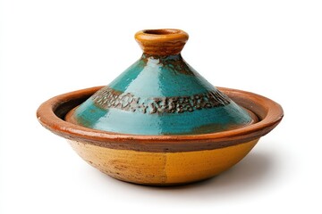 A two-tone tagine with a natural clay bottom and glazed top, isolated.
