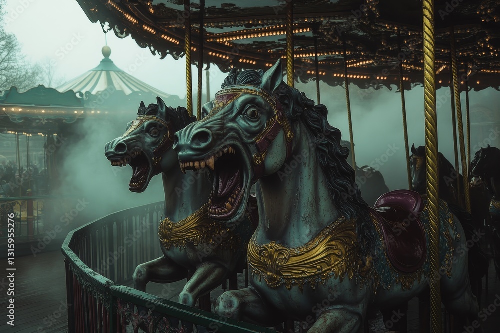 Poster two horses with their mouths wide open and sharp teeth, one of which is on a carousel. the scene is 