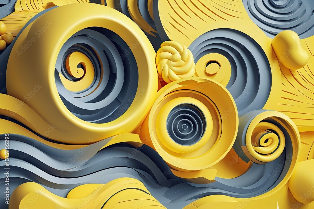 Poster vibrant yellow background with halftone patterns and twisting spiral designs