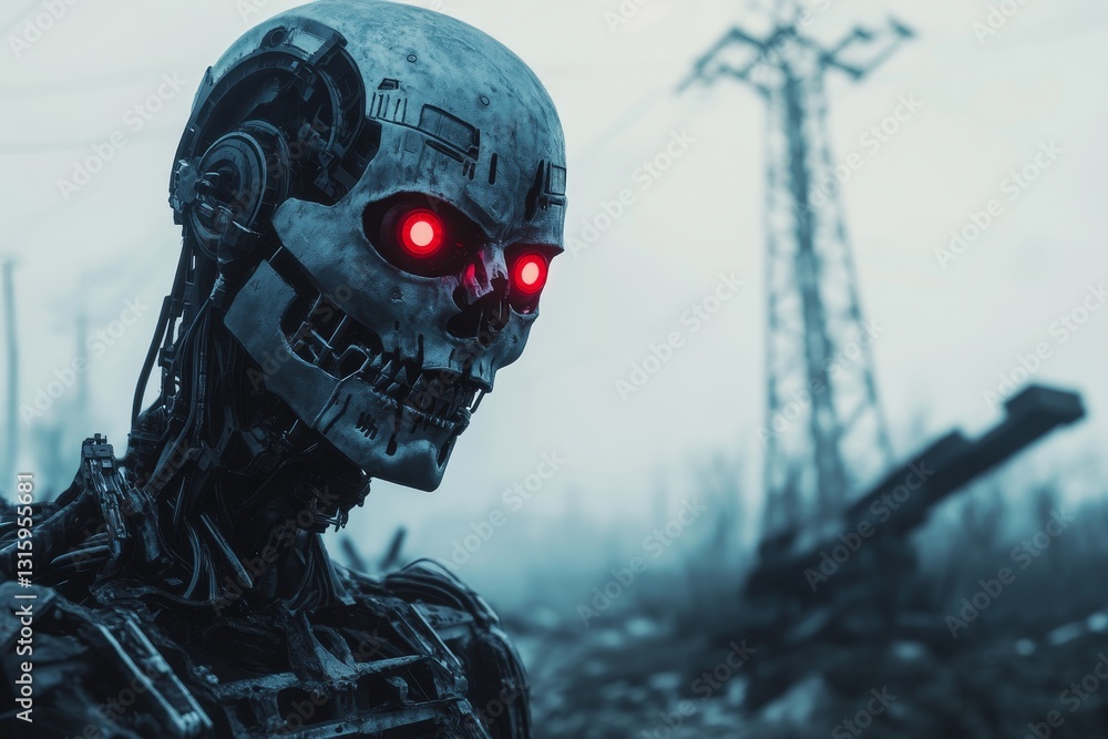 Aufkleber a robot with red eyes and a skull on its face. the robot is surrounded by a desolate landscape with 