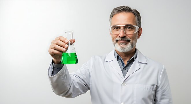 Professional mockup of a scientist in a lab coat, holding a test tube on a white background