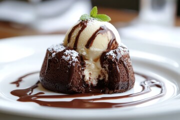 Mouthwatering molten chocolate cake with a warm, gooey center and melting ice cream.
