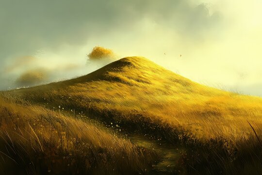 A vast, rolling hill covered in autumn grass, mist, and golden light.