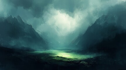 Fototapeta premium A gloomy, dramatic vista reveals swirling clouds glowing with an eerie light, evoking a sense of calm mystery amid the storm