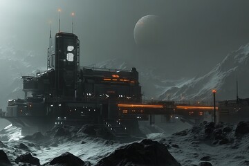 Fototapeta premium A futuristic space station is surrounded by mountains and a large planet