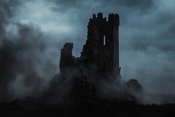 Fototapeta premium A castle is shown in the fog with a dark and eerie mood. The castle is old and abandoned, with a sense of mystery and danger surrounding it. The fog adds to the atmosphere