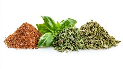 Ultra-detailed Hyper-realistic image of a Mediterranean seasoning set featuring dried basil, rosemary, and thyme on a pure white background, isolated, sharp details, professional studio lighting