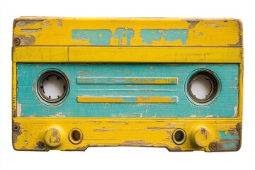 Naklejka premium A nostalgic audio cassette tape, adorned with a faded design and orange accents, reminiscent of retro music formats
