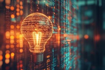 A glowing light bulb represents innovation and creativity, set against a vibrant data stream backdrop. The image combines warmth with high-tech aesthetics.