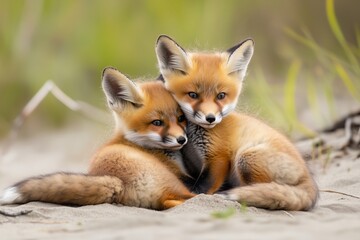 Obraz premium Young red foxes snuggling together on a coastal shore 