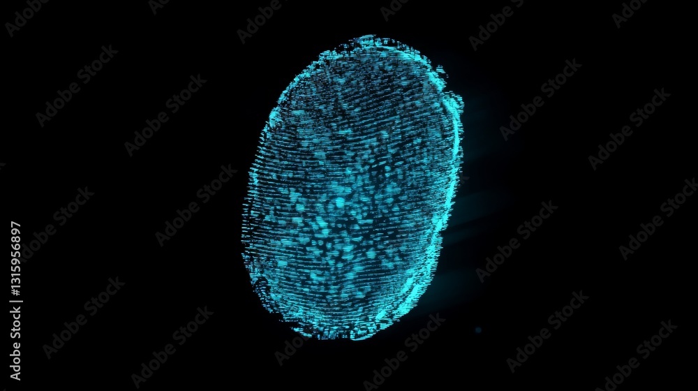Poster this image features a glowing neon blue fingerprint design against a black background, symbolizing d