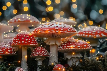 A vibrant red and white toadstool mushroom forest with tiny fairy lights, cut out.