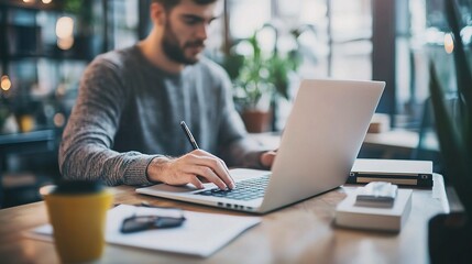Fototapeta premium Focused Professional Working in a Modern Workspace with Laptop