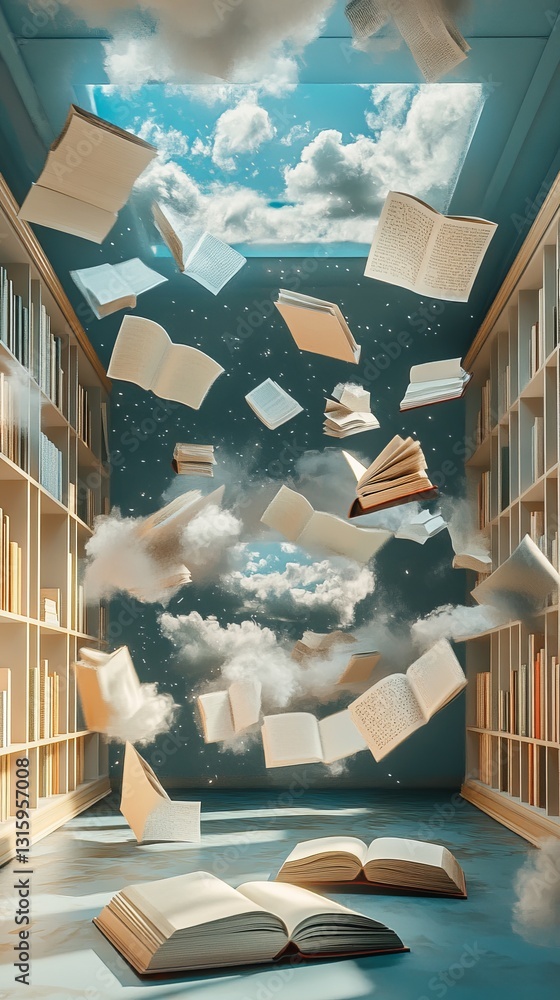 Poster a surreal scene of an enchanted library featuring floating books and dreamy clouds above. this image