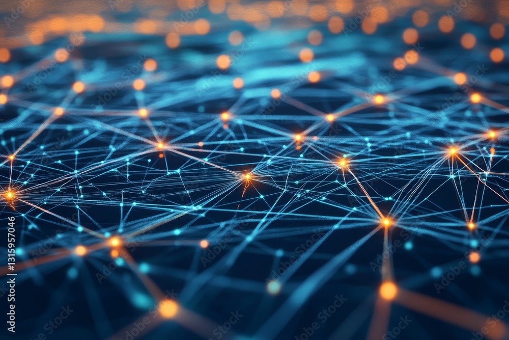Poster this image captures an abstract network design featuring glowing nodes and interconnected lines, rep