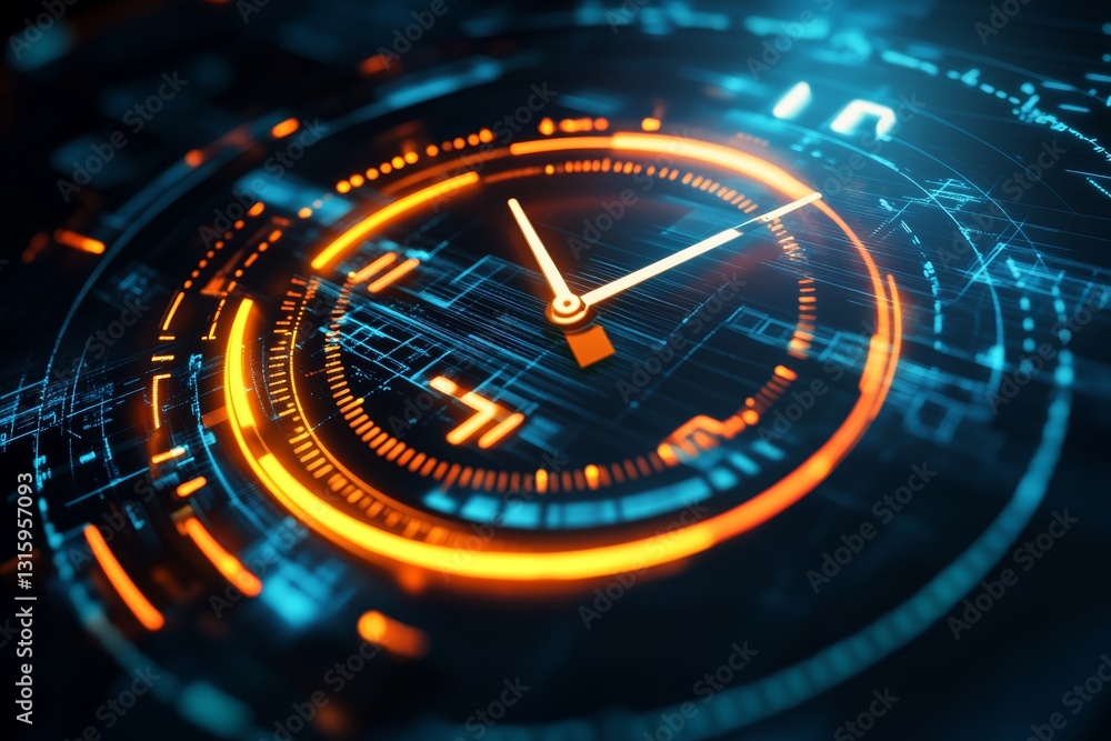 Poster futuristic digital clock interface with neon glow and cybernetic design elements