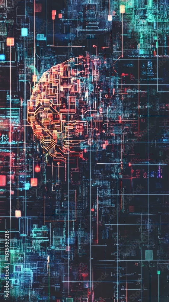 Poster this abstract image showcases vibrant circuitry patterns and shapes, creating a futuristic design th