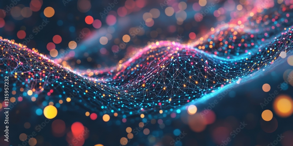 Poster this captivating image features colorful abstract waves of light, illuminated by glowing particles a
