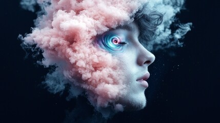 Fototapeta premium Surreal Portrait Man Cosmic Eye Pink Smoke Galaxy