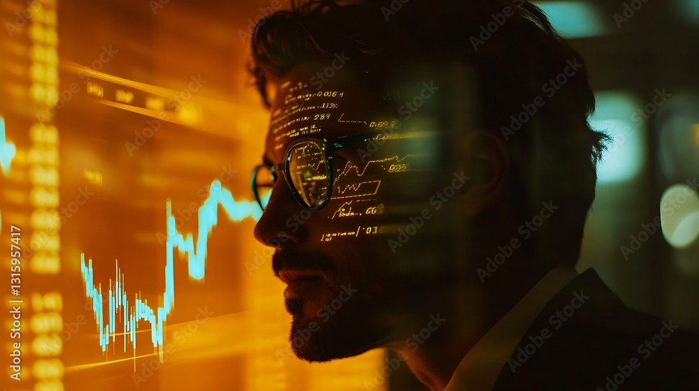 Poster man analyzing stock market data on a large screen.
