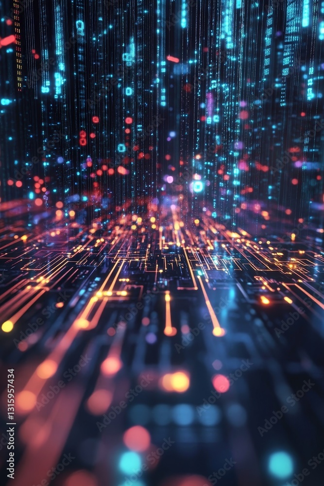 Poster an abstract depiction of a digital data stream featuring vibrant lights and intricate patterns. perf
