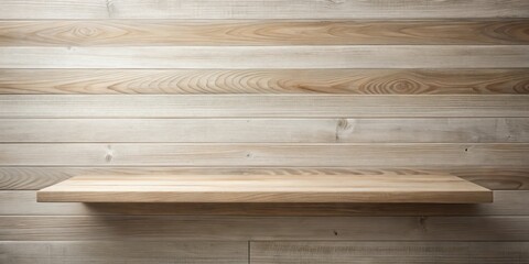 Clean Wooden Shelf Against Light Wood Paneling Background Ideal for Product Display and Mockups