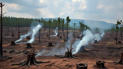 Deforested land with smoke rising from scattered tree stumps, visualizing the irreversible damage of deforestation, photorealistic