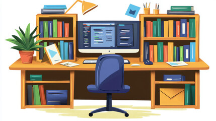Naklejka premium A modern desk with a computer and books representing workspace for side hustle opportunities and professional growth